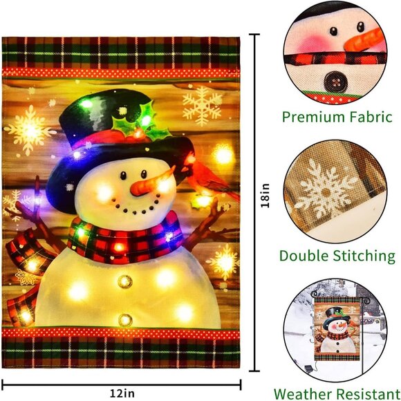New Lighted Christmas Garden Flag 12x18" LED Snowman Flag for Outdoor Decor - Picture 5 of 10